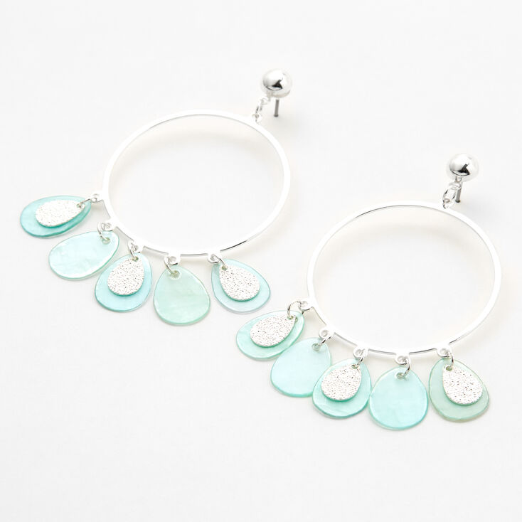 Silver 2&quot; Circle Gypsy Seashell Drop Earrings - Mint,