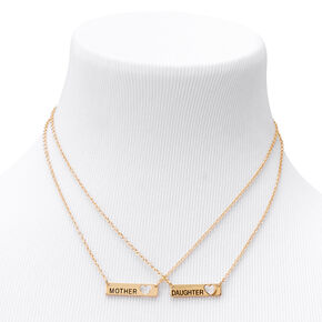Mother Daughter Gold Bar with Heart Cut Out Pendant Necklaces,