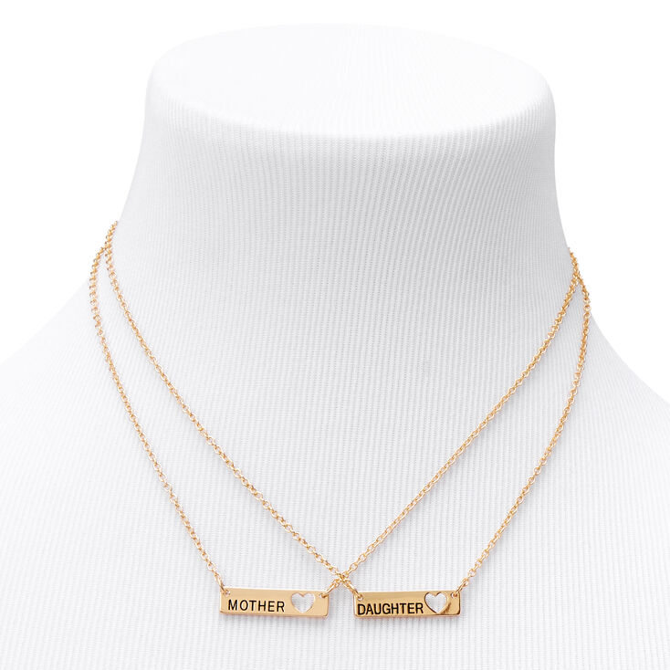 Mother Daughter Gold Bar with Heart Cut Out Pendant Necklaces,