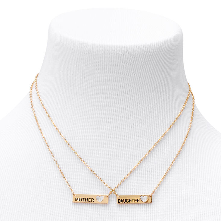 Mother Daughter Gold Bar with Heart Cut Out Pendant Necklaces,