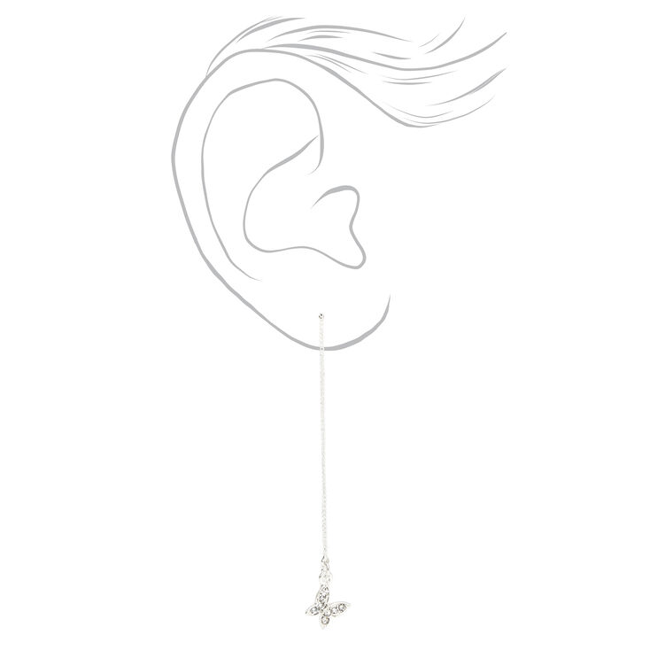 Silver 3&quot; Embellished Butterfly Threader Drop Earrings,