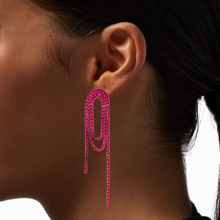 Hot Pink Rhinestone Loopy Lasso 3&quot; Drop Earrings,