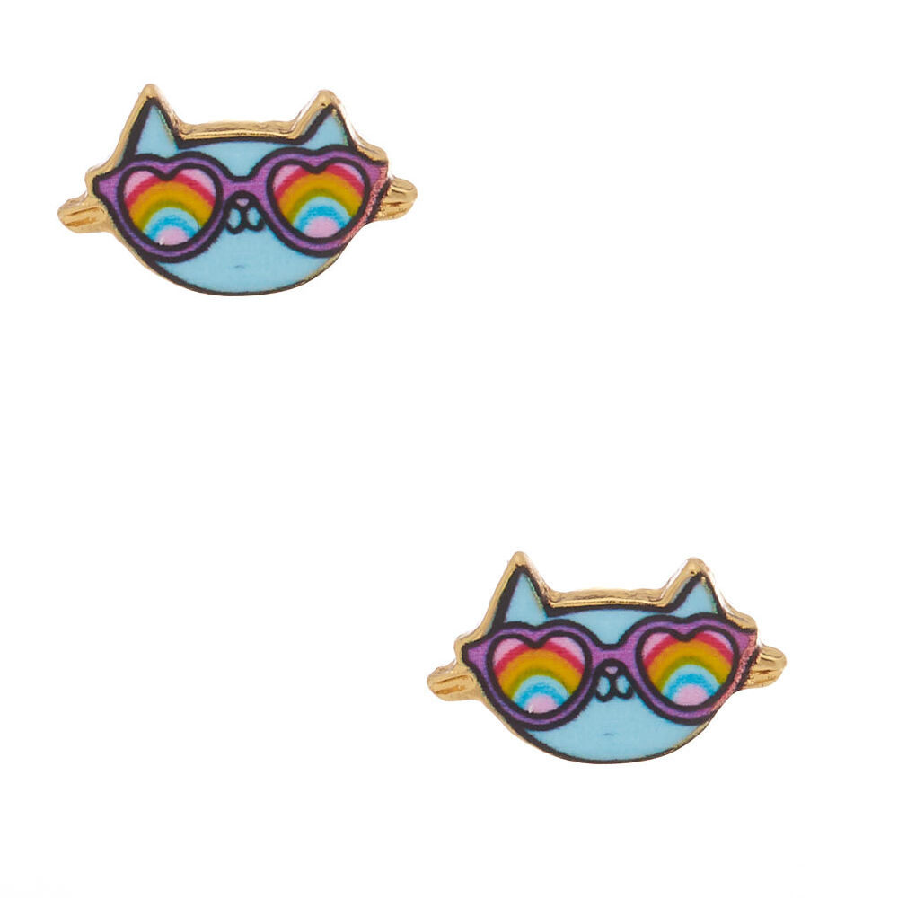 18kt Gold Plated Cam the Cat Stud Earrings - Teal,