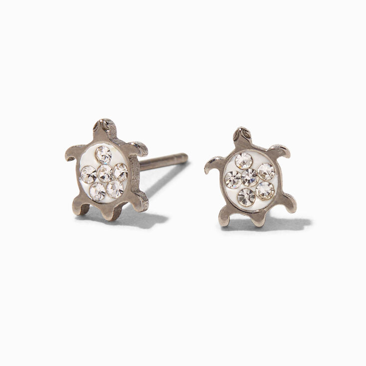 Silver Titanium Crystal Turtle Stud Earrings,