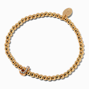 Gold-tone Beaded Pav&eacute; Initial Stretch Bracelet - J,