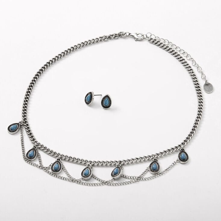 Claire's Parure de bijoux en goutte bohème chic couleur argentée - Lot de 2, turquoise