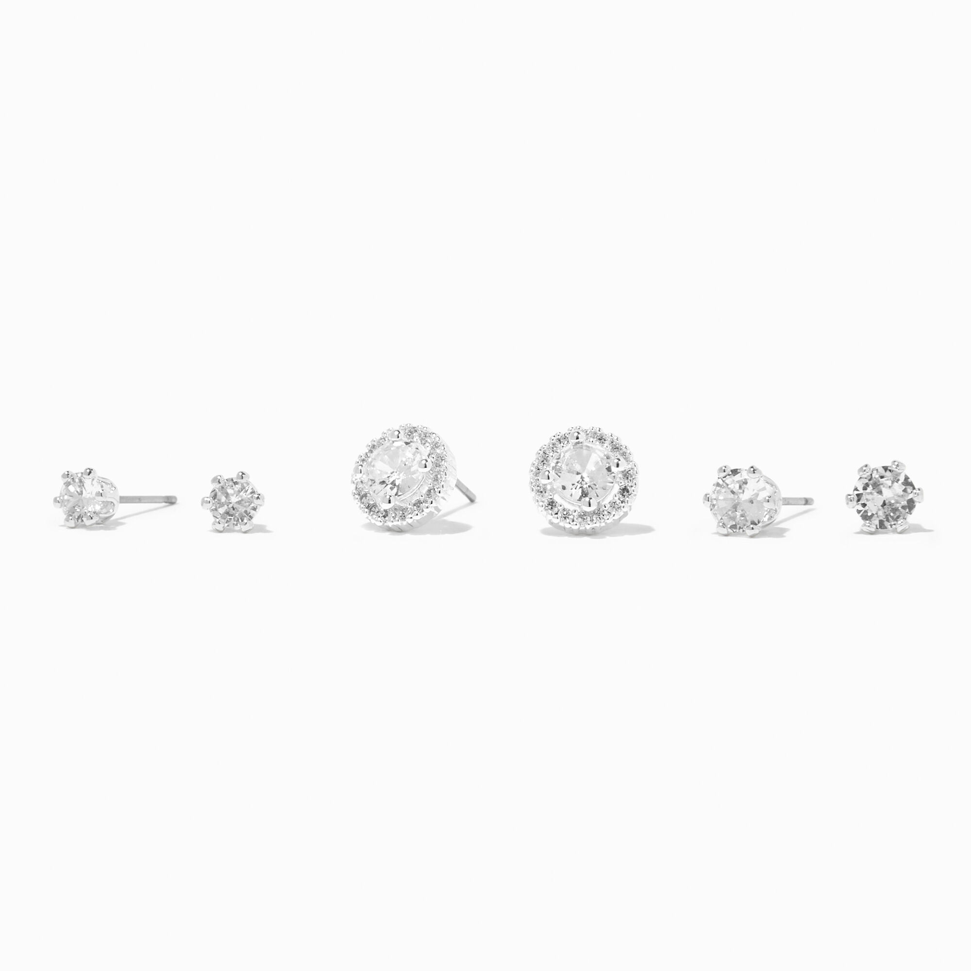 View Claires Halo Cubic Zirconia Studs Earrings 3 Pack Silver information