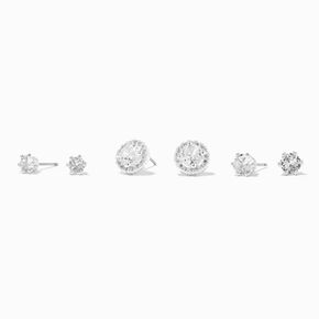 Silver Halo Cubic Zirconia Studs Earrings - 3 Pack,