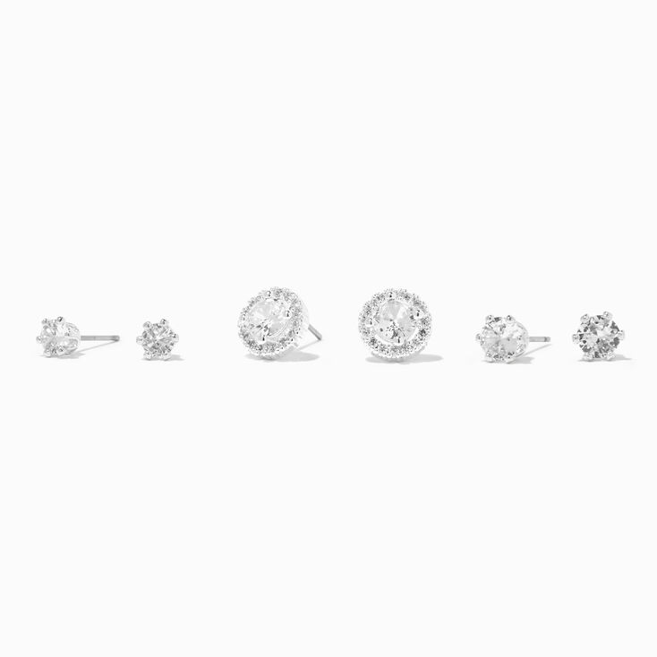 Silver-tone Cubic Zirconia Halo Studs Earrings - 3 Pack,