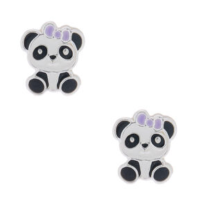 Clous d&rsquo;oreilles en argent panda portant un n&oelig;ud,