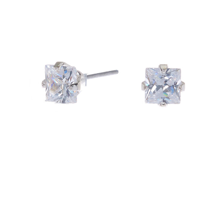 Silver-tone Cubic Zirconia Square Stud Earrings - 4MM,