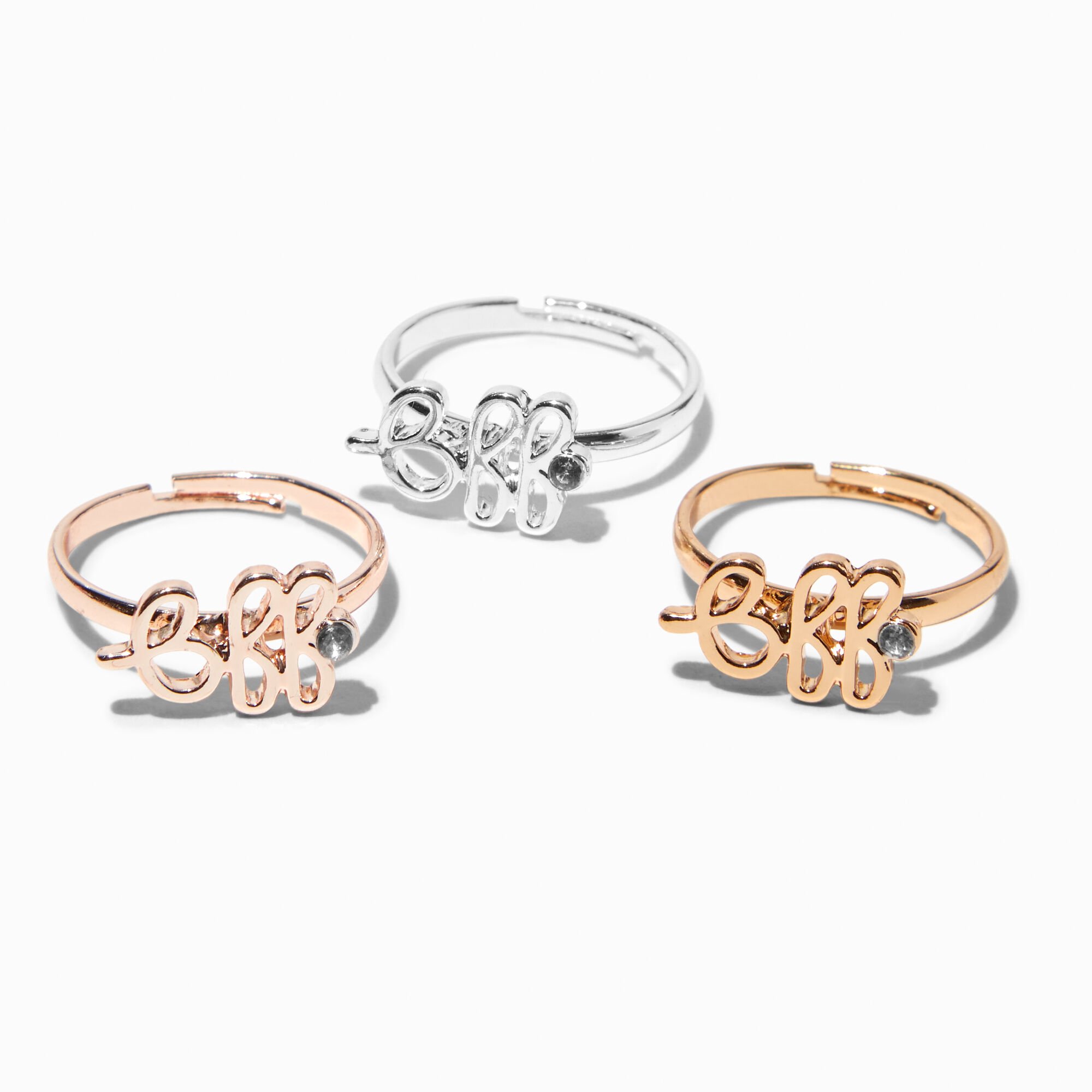 View Claires Mixed Metal Best Friends Bff Adjustable Rings 3 Pack Rose Gold information