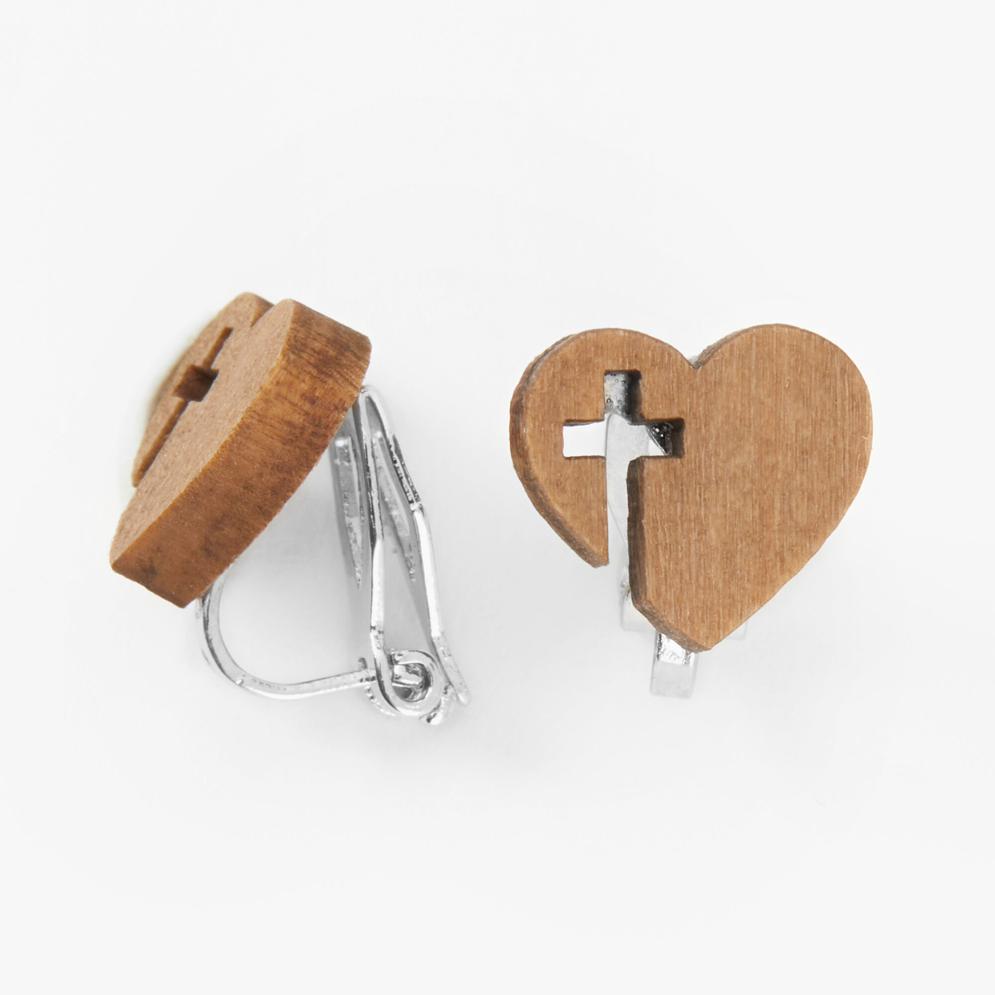 View Claires Heart Cross Wooden Clip On Stud Earrings Silver information