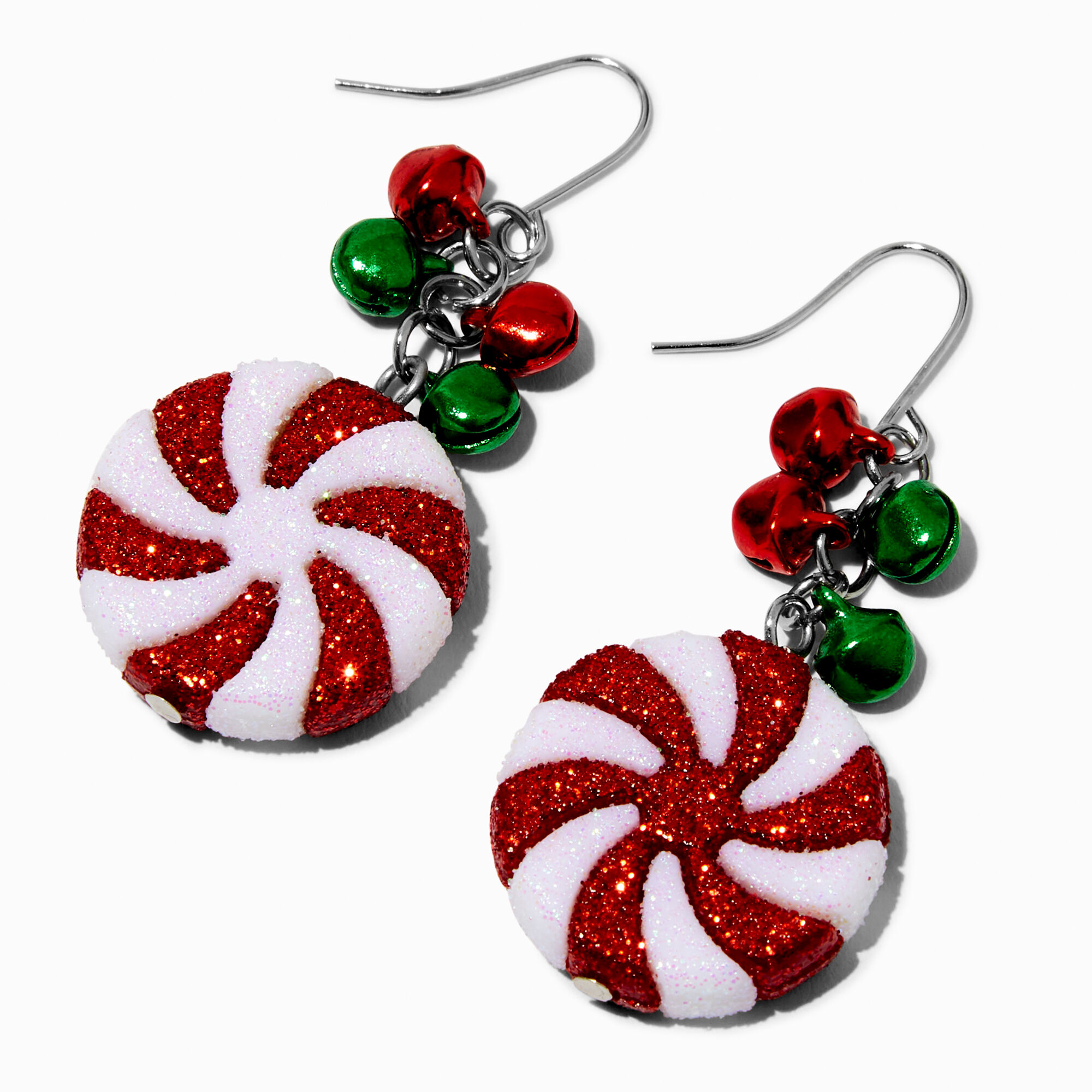View Claires Peppermint Swirl Jingle Bells 15 Drop Earrings Red information