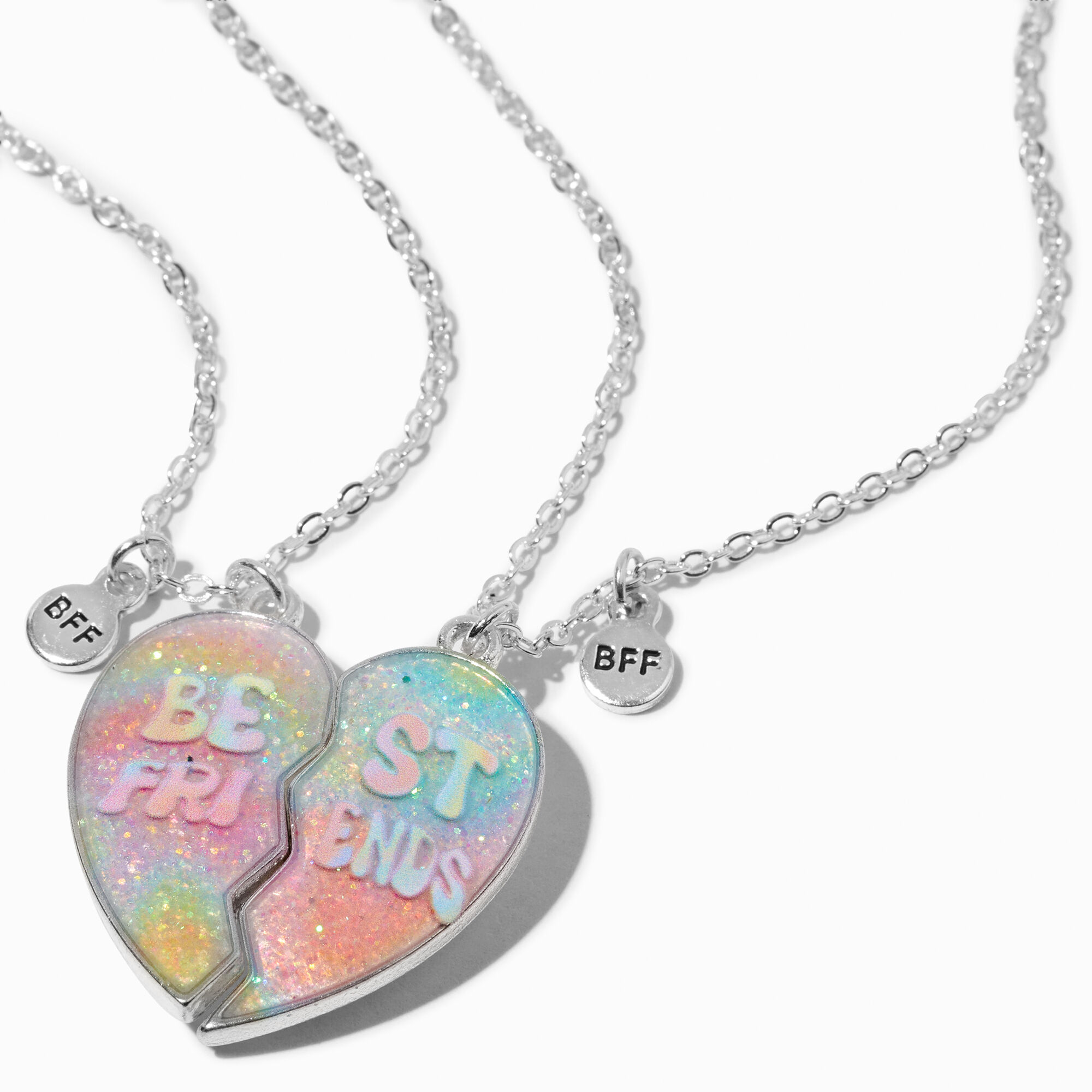 View Claires Best Friends Glitter Groovy Split Heart Pendant Necklaces 2 Pack Silver information