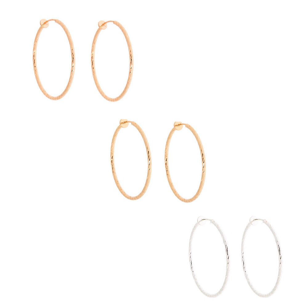 Mixed Metal 10MM Textured Clip On Hoop Earrings - 3 Pack,