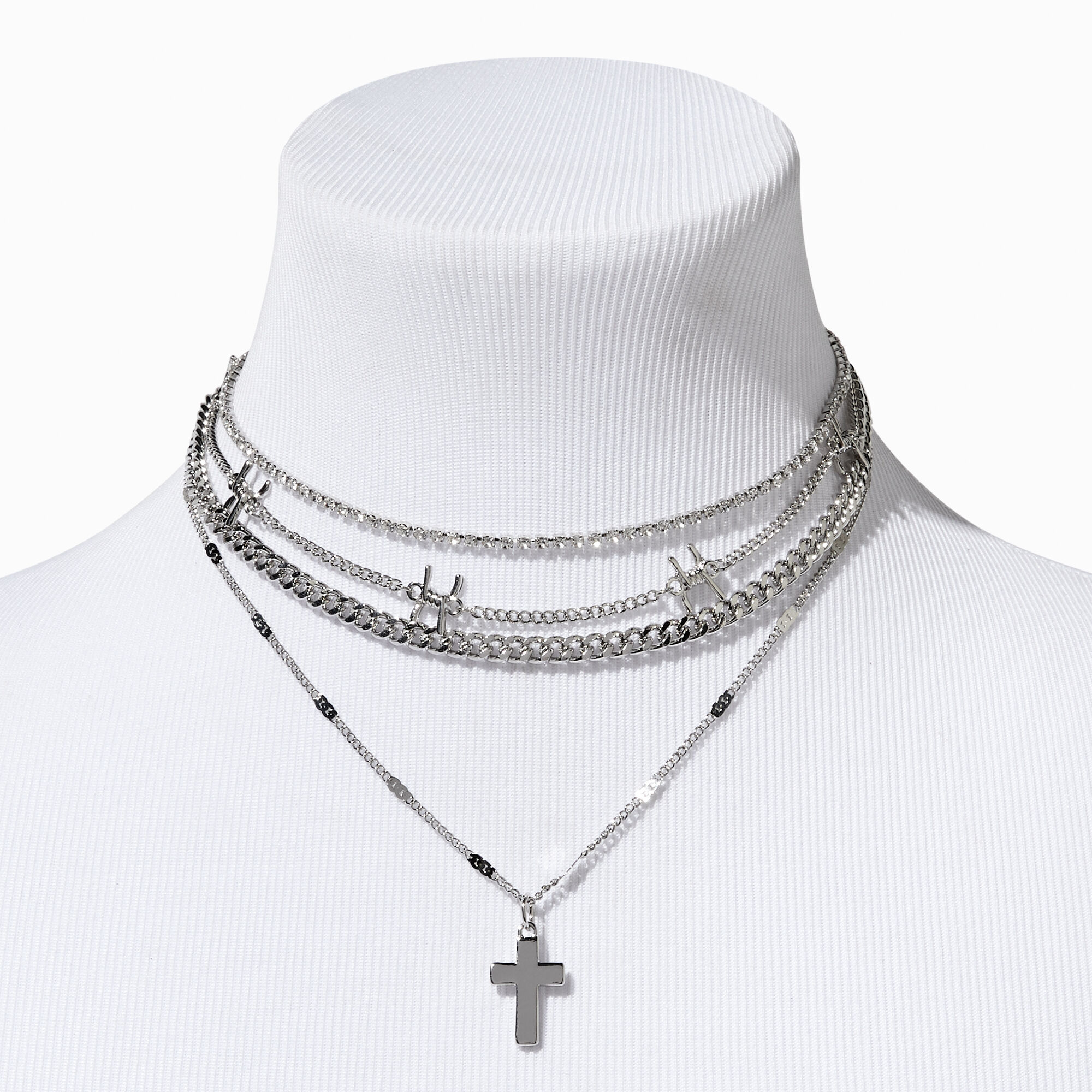 Silver tone Cross Barbed Wire Chain Multi Strand Necklace Claire s