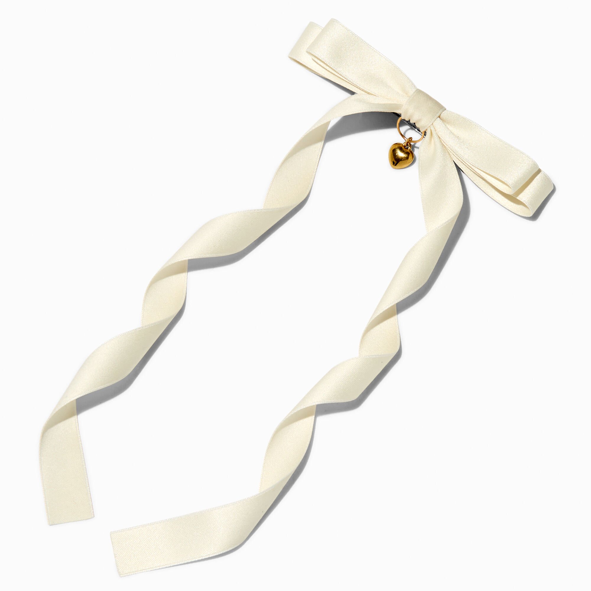 T H E M E x Claire's White Long Tail Gold-tone Heart Charm Hair Bow Clip,