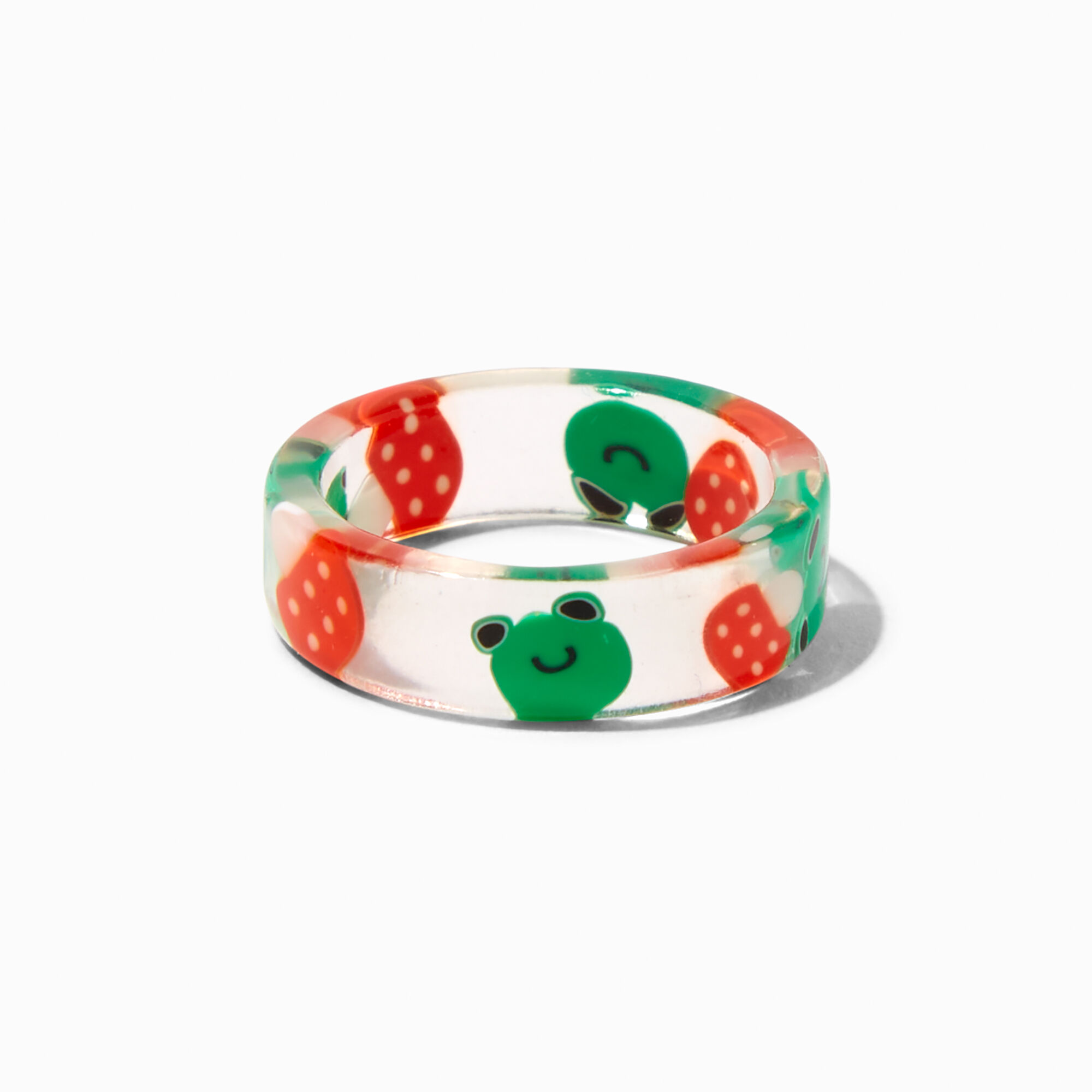 View Claires Clear Mushrooms Green Frogs Resin Ring Red information