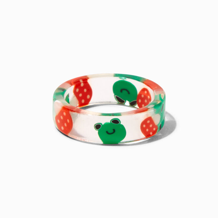 Clear Red Mushrooms &amp; Green Frogs Resin Ring,