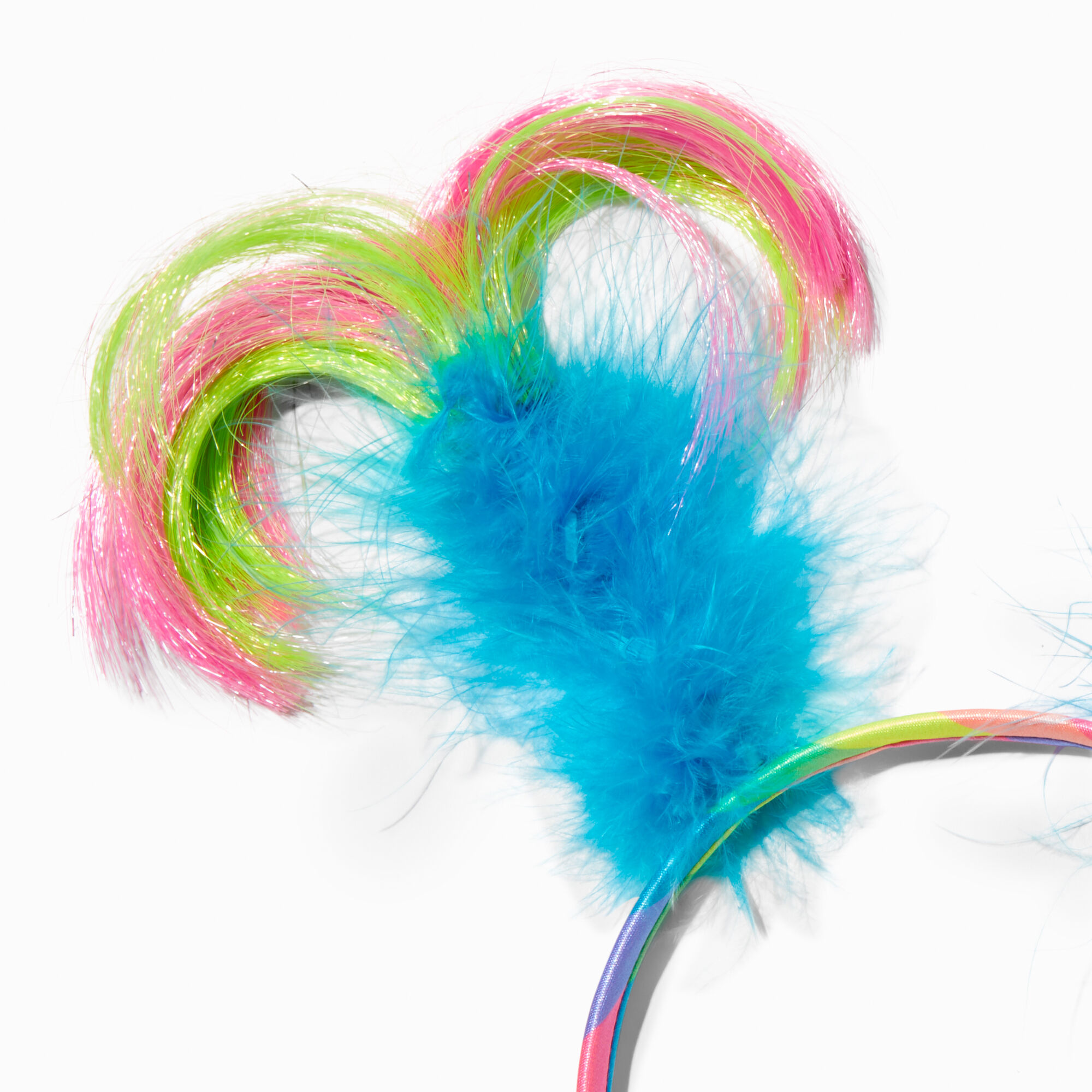 Serre-tête à antennes plumes et cheveux synthétiques arc-en-ciel,