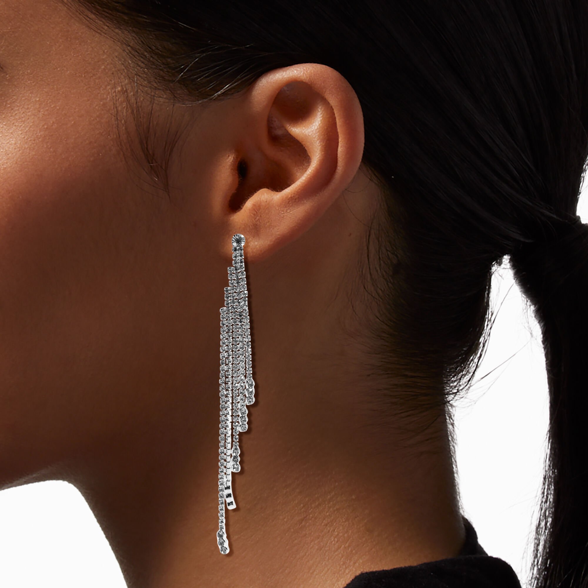 Silver 4" Crystal Fringe Clip-On Drop Earrings,