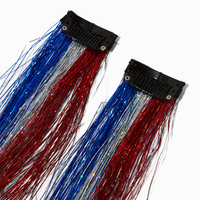 Red, White, &amp; Blue Tinsel Faux Hair Clip In Extensions - 2 Pack,