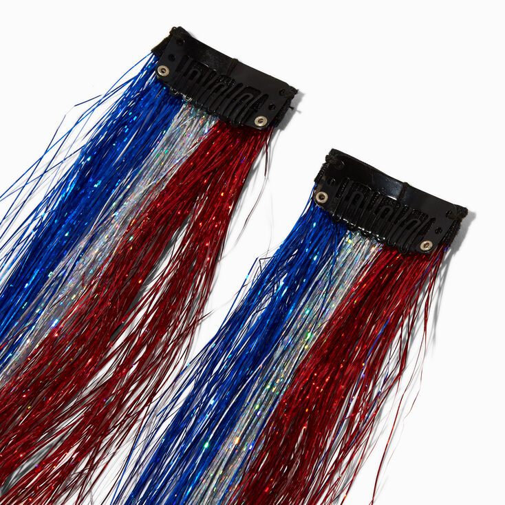 Red, White, &amp; Blue Tinsel Faux Hair Clip In Extensions - 2 Pack,