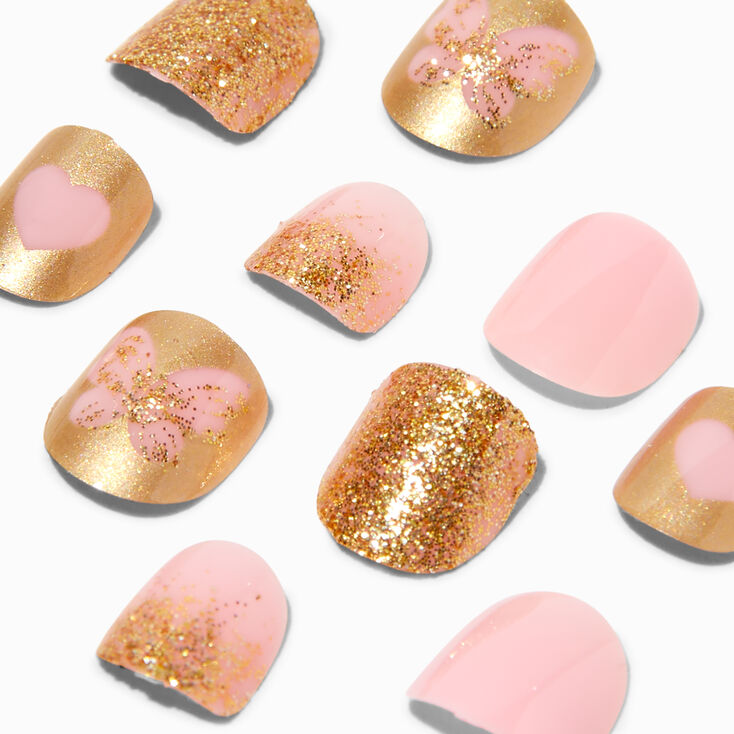 Claire&#39;s Club Gold Glitter Butterfly Square Press On Vegan Faux Nail Set - 10 Pack,