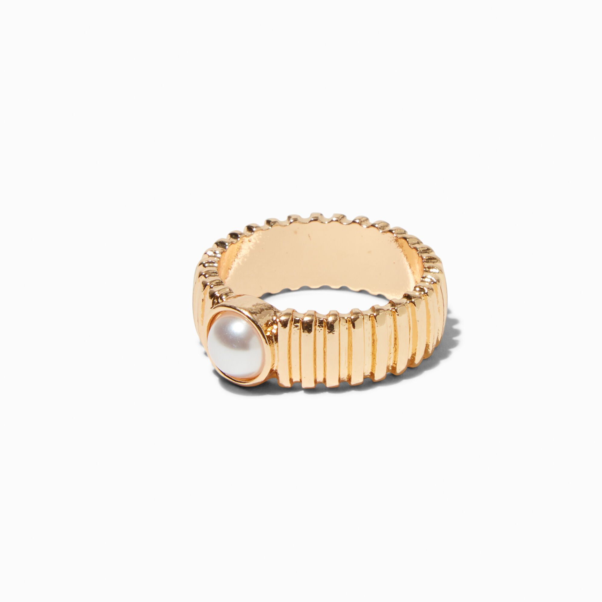 Gold-tone Ribbed Pearl Ring ,