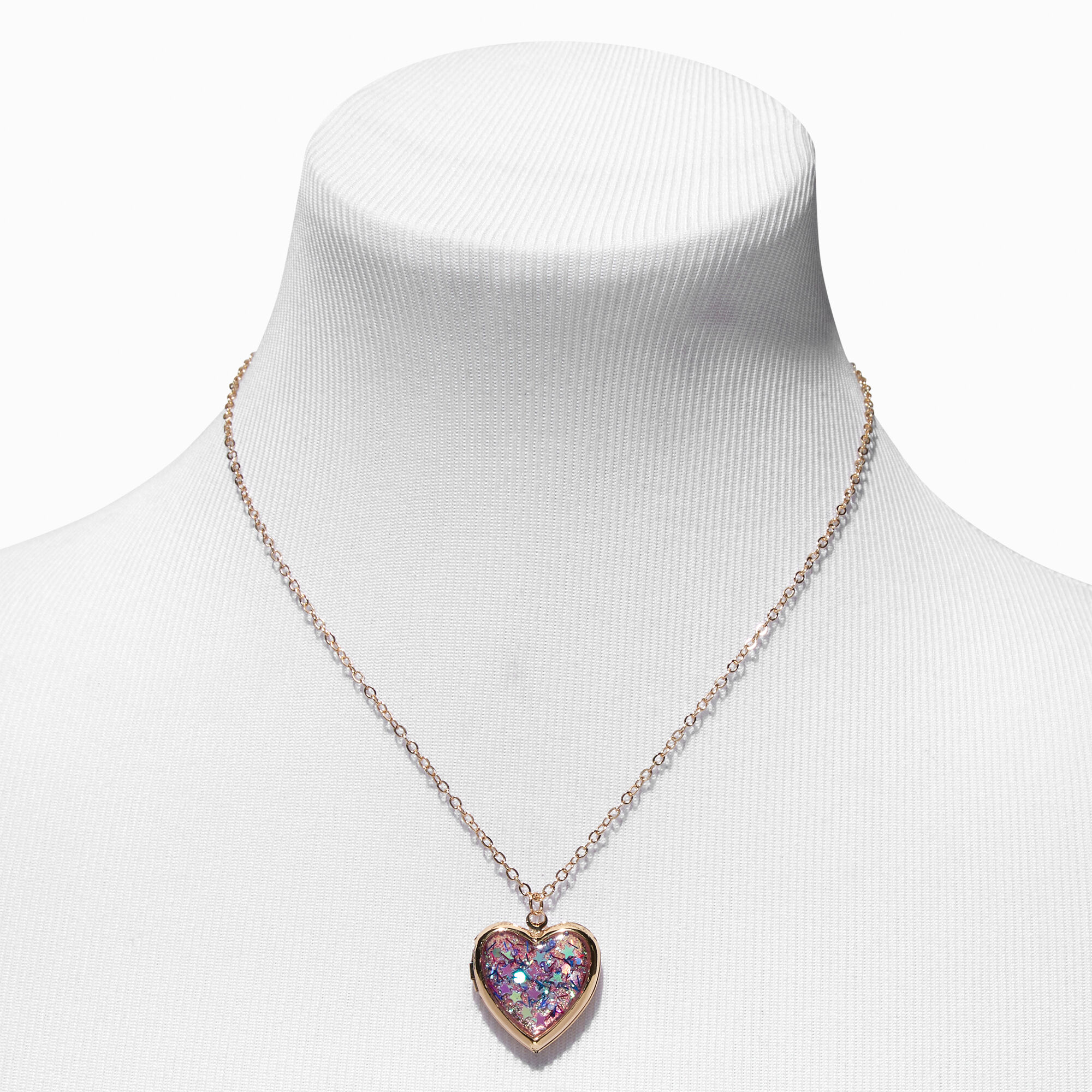 Gold Glitter Heart Locket Pendant Necklace,