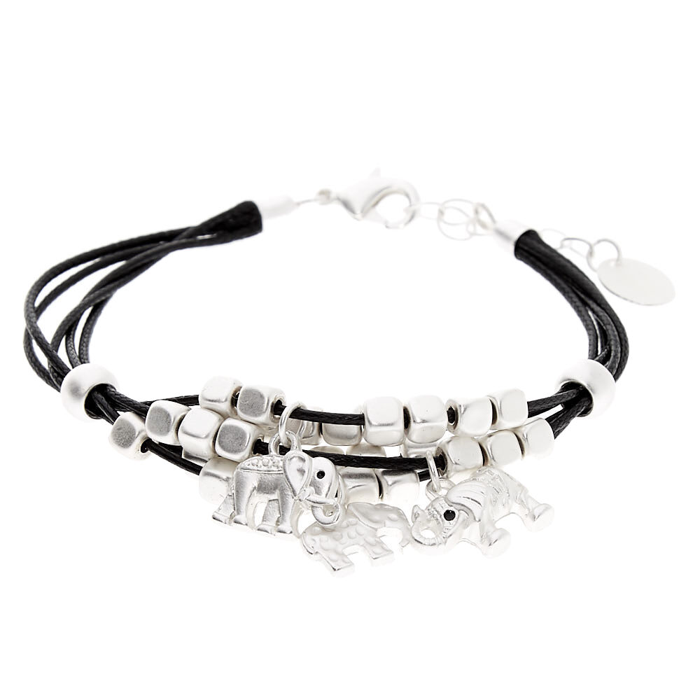 Silver Elephant Beaded Cord Bracelet - Black,