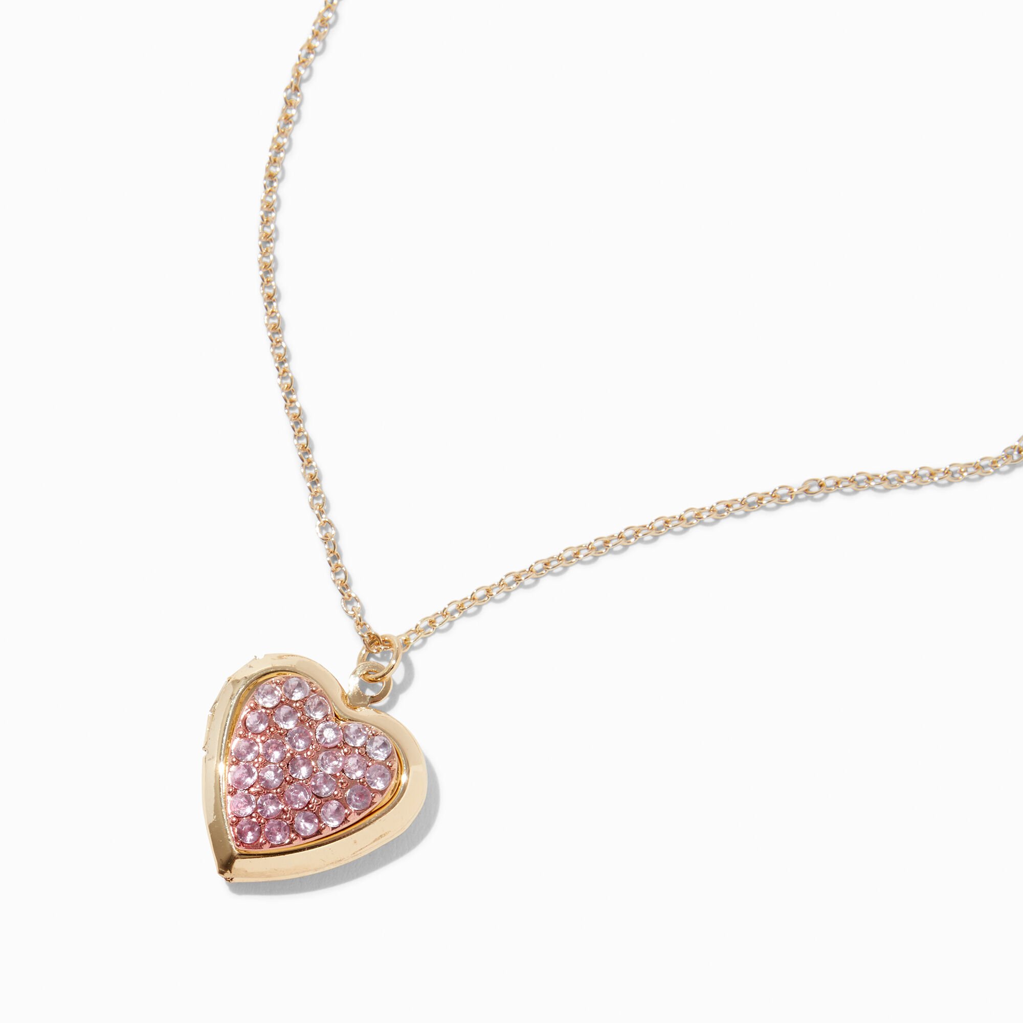 View Claires Pavé Heart Locket Pendant Necklace Pink information