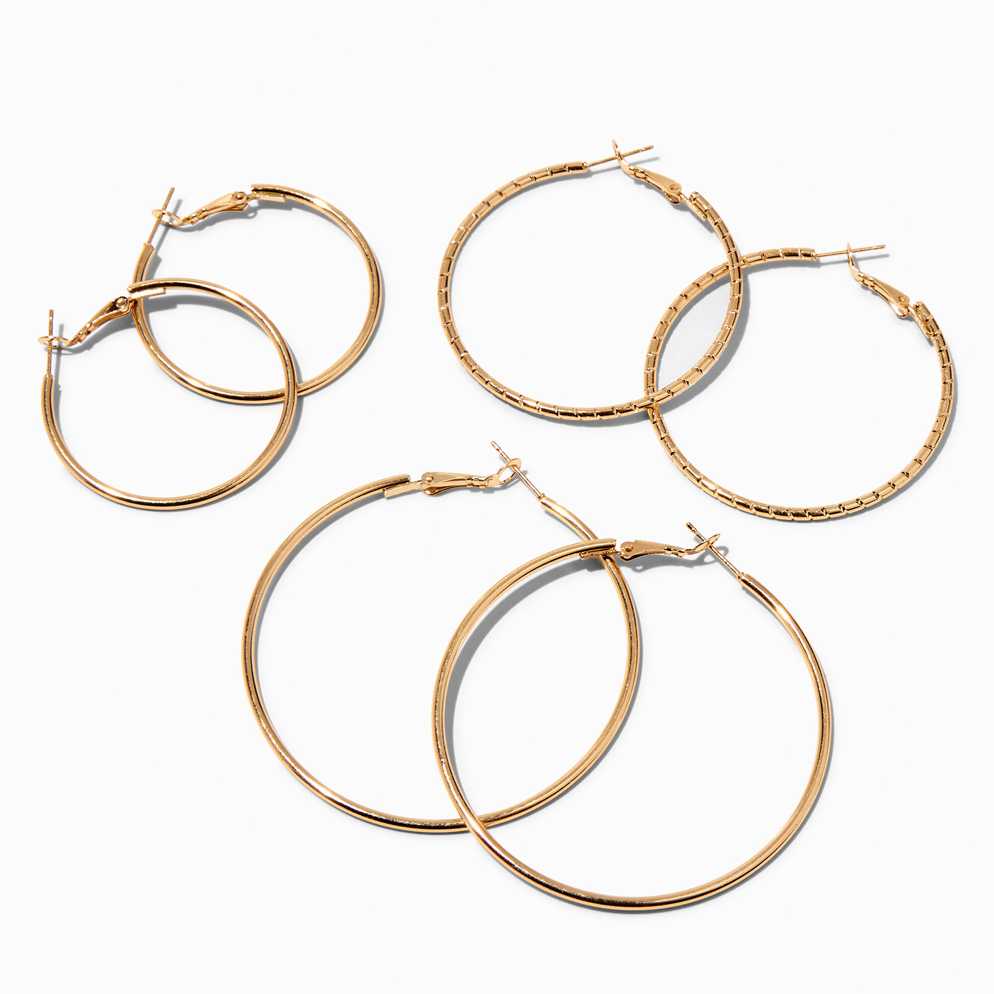 View Claires Tone Graduated Hinge Hoop Earrings 3 Pack Gold information