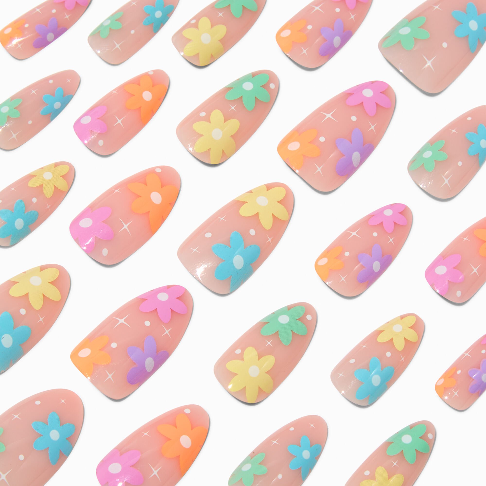 Multicolored Daisy Long Almond Vegan Faux Nail Set - 24 Pack,