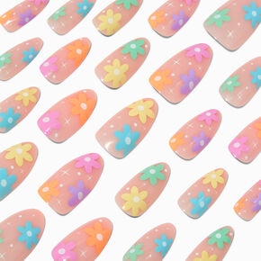 Multicolored Daisy Long Almond Vegan Faux Nail Set - 24 Pack,