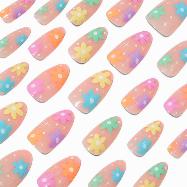 Multicolored Daisy Long Almond Vegan Faux Nail Set - 24 Pack,