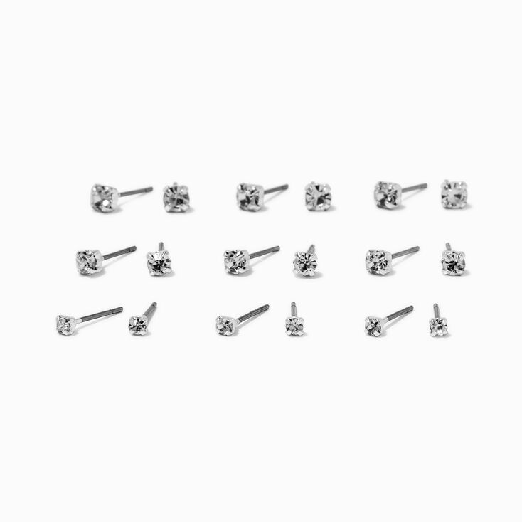 Silver Graduated Crystal Stud Earrings - 9 Pack,