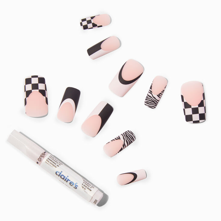 Zebra Check Tip Long Square Vegan Faux Nail Set - 24 Pack,