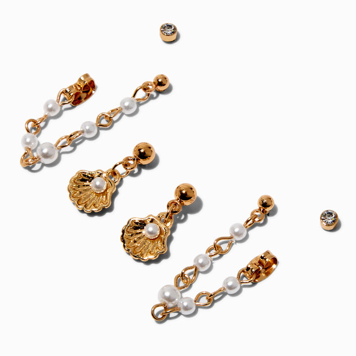 Boucles d&rsquo;oreilles reli&eacute;es par une cha&icirc;ne perles d&#39;imitation couleur dor&eacute;e - Lot de 3,