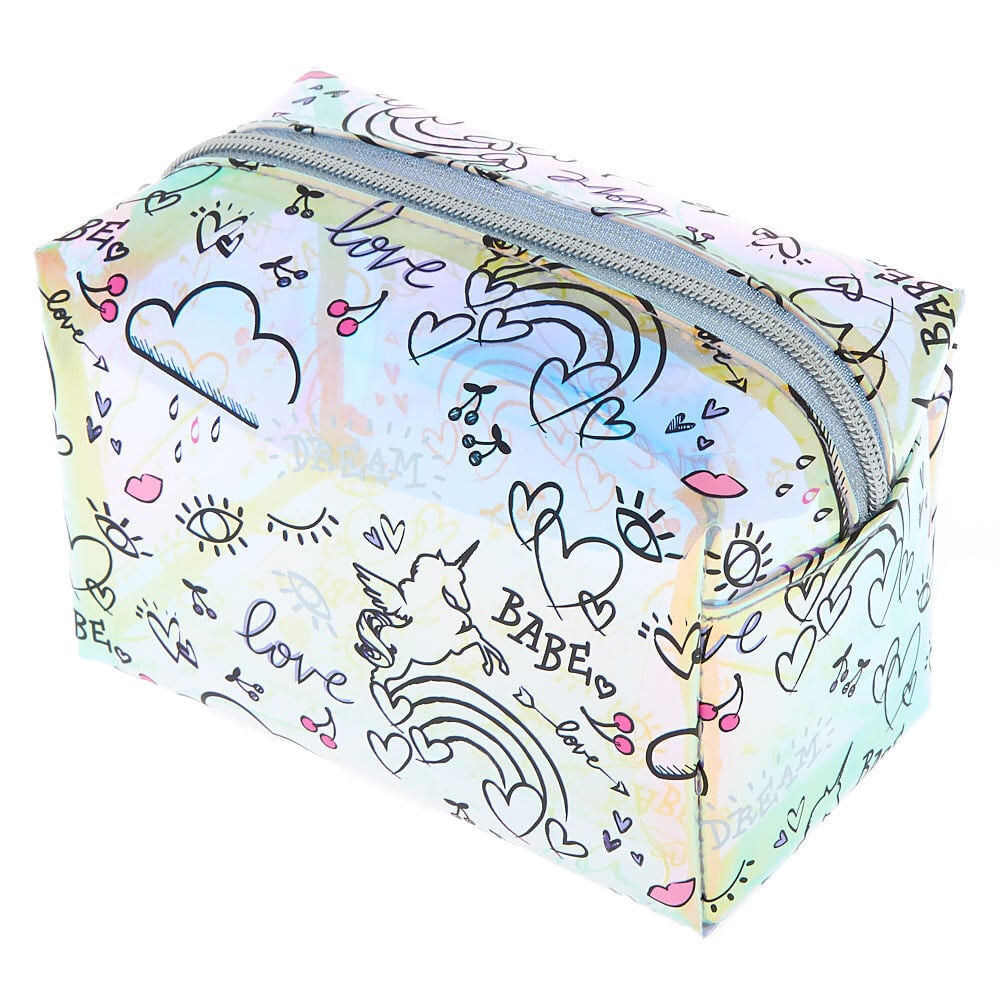Holographic Doodle Print Makeup Bag,