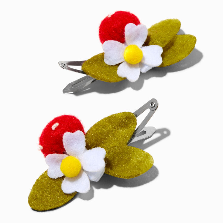 Barrettes clic clac champignon et marguerite rouges - Lot de 2,