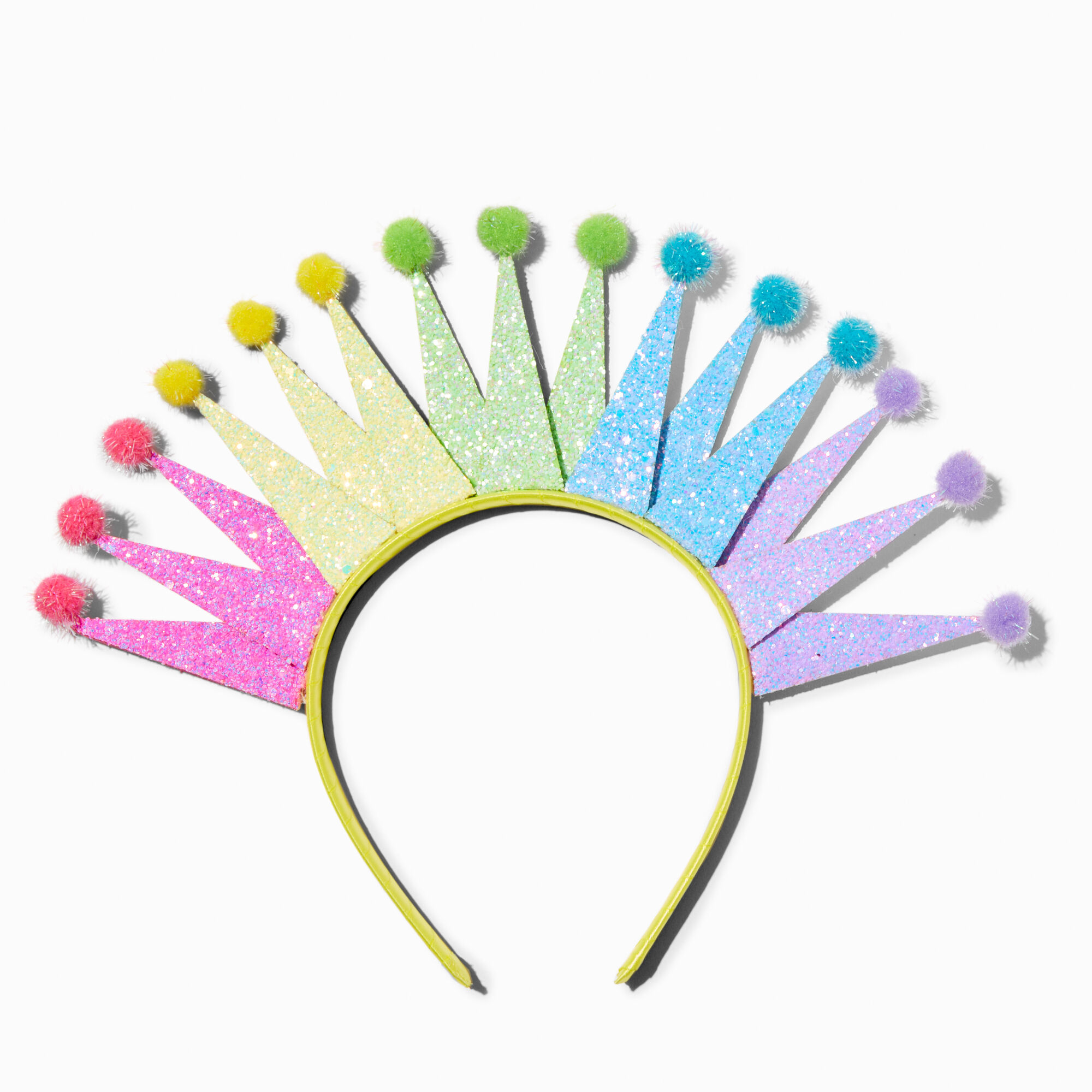 View Claires Glitter Pom Crown Headband Rainbow information