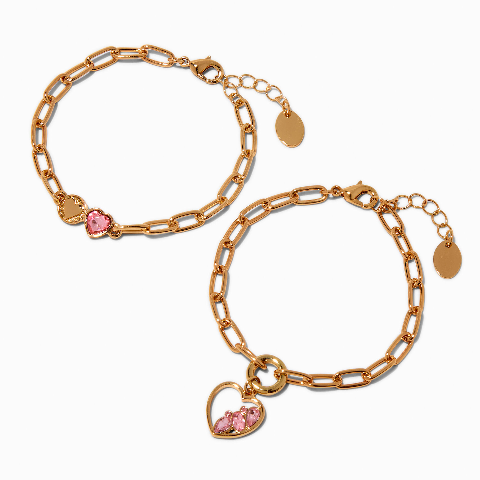Pink Gem Heart Charm Gold-tone Paperclip Chain Bracelets- 2 Pack,