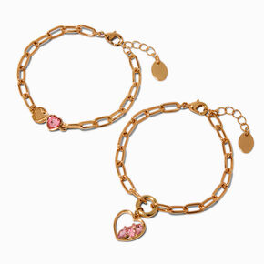 Pink Gem Heart Charm Gold-tone Paperclip Chain Bracelets- 2 Pack,