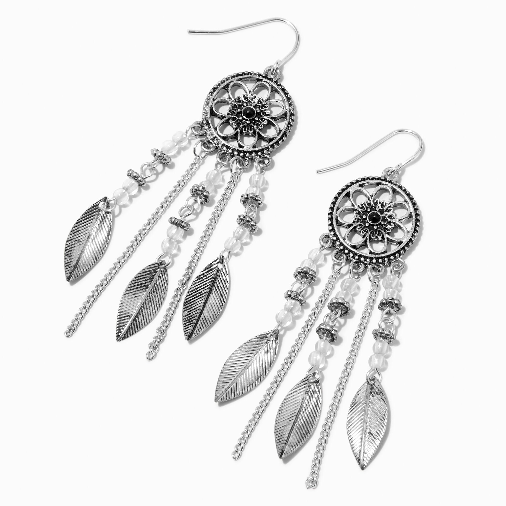 View Claires Tone 3 Flower Leaf Beaded Dreamcatcher Drop Earrings Silver information