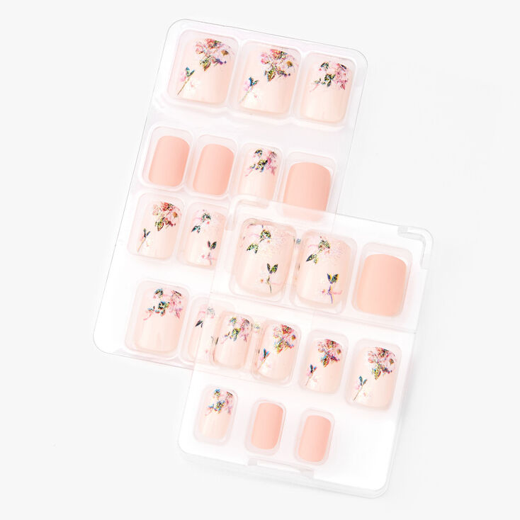 Dainty Floral &amp; Matte Pre-Glued Square Faux Nail Set - Pink, 24 Pack,