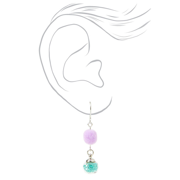 1.5&quot; Pom Pom Drop Earrings - Lilac and Teal,