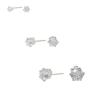 Silver Cubic Zirconia Round Stud Earrings - 3MM, 5MM, 7MM,
