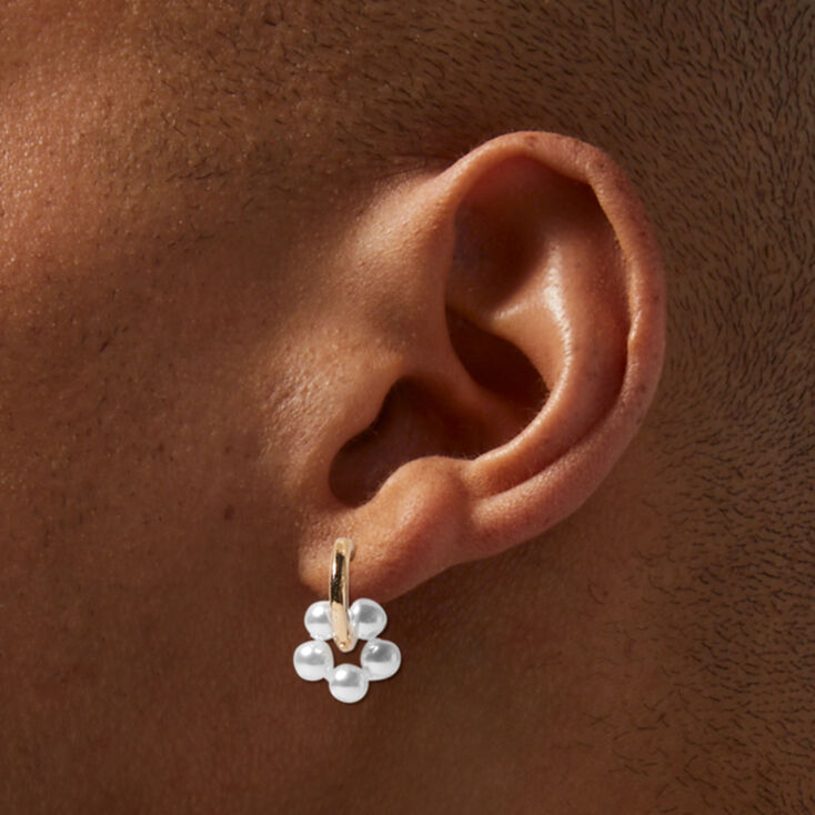 Gold-tone Pearl Flower 30mm Hoop Earrings,